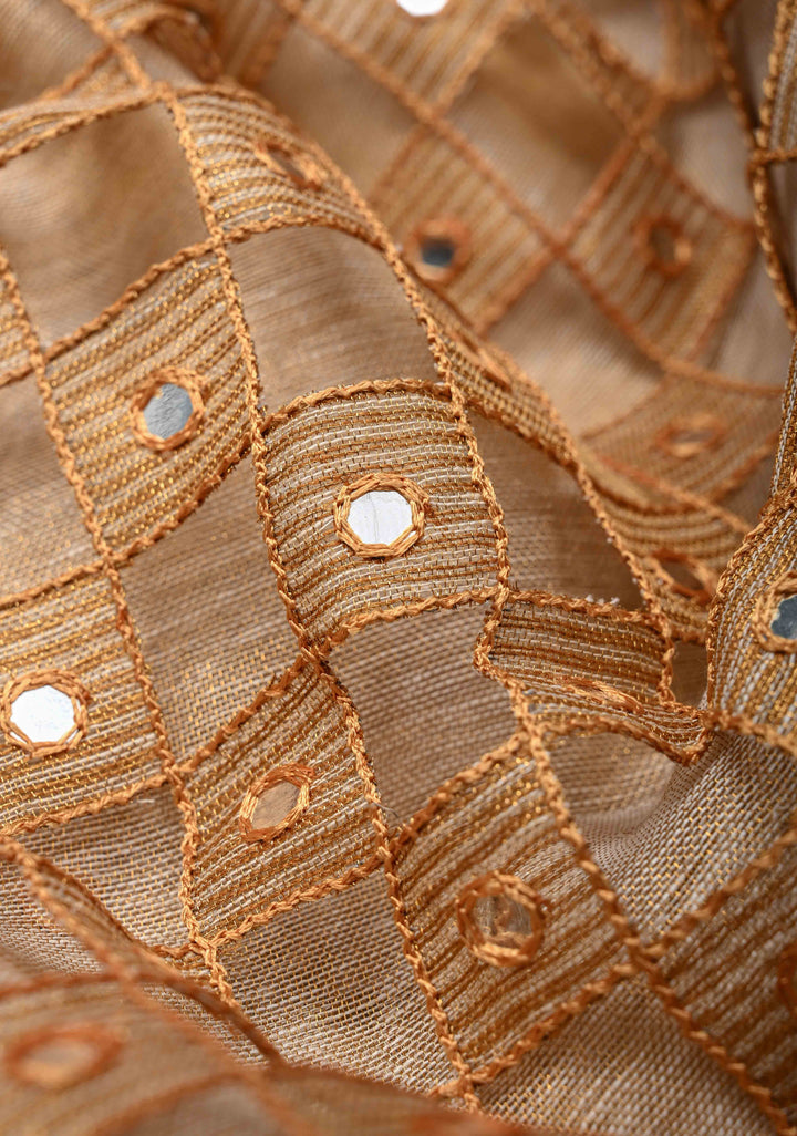 Beige Cutwork and Mirror Work on Tissue Linen Saree with Zari Border