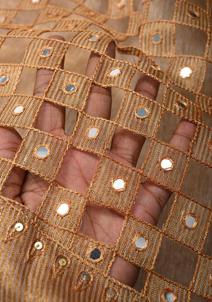 Beige Cutwork and Mirror Work on Tissue Linen Saree with Zari Border