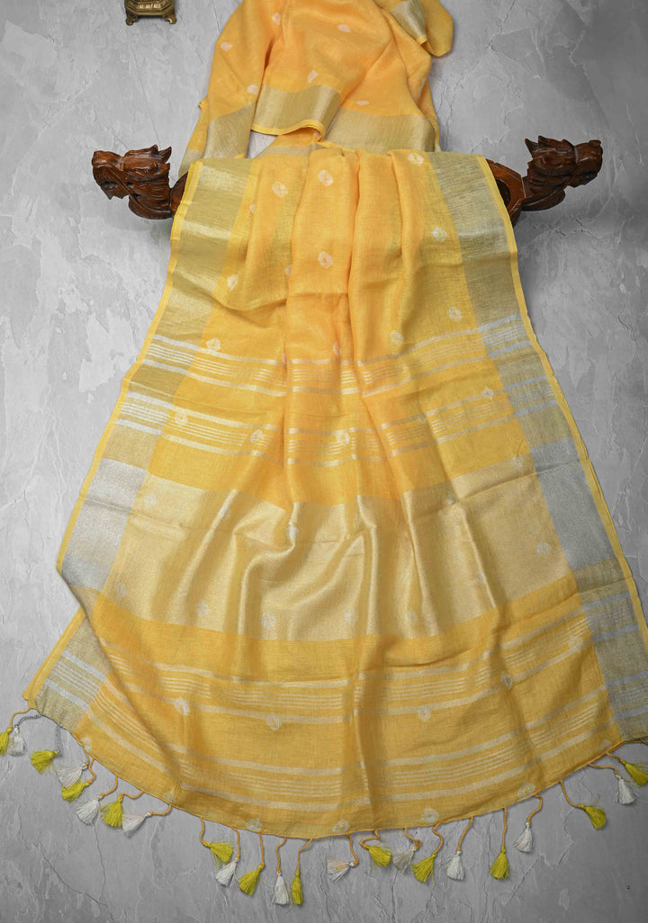 Authentic Bandini on Pure Linen by Linen Saree with Zari Border in Haldi Yellow