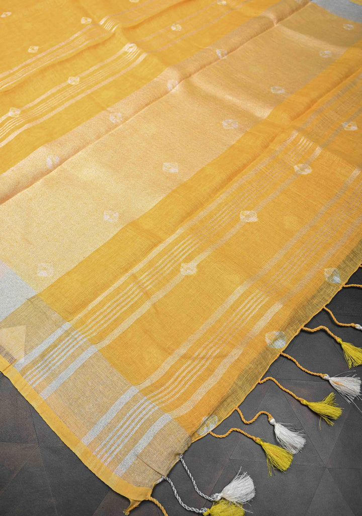 Authentic Bandini on Pure Linen by Linen Saree with Zari Border in Haldi Yellow