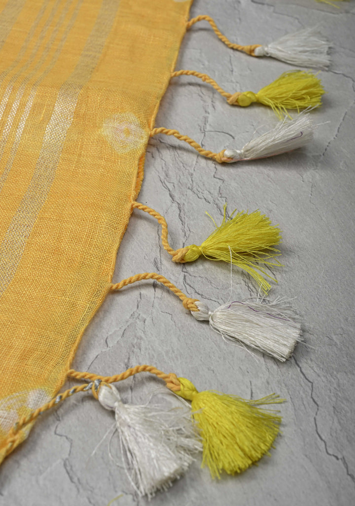 Authentic Bandini on Pure Linen by Linen Saree with Zari Border in Haldi Yellow