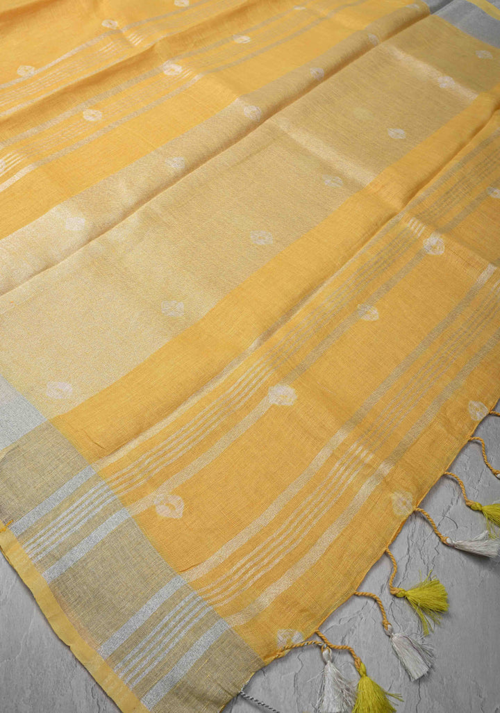 Authentic Bandini on Pure Linen by Linen Saree with Zari Border in Haldi Yellow