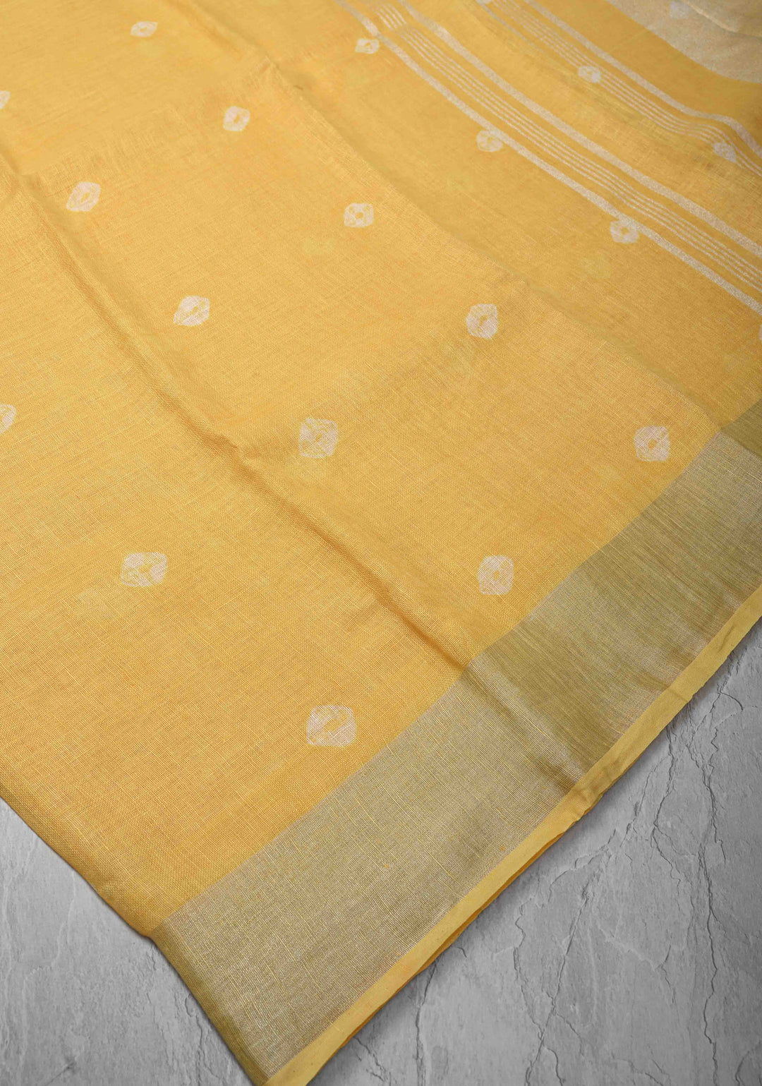 Authentic Bandini on Pure Linen by Linen Saree with Zari Border in Haldi Yellow