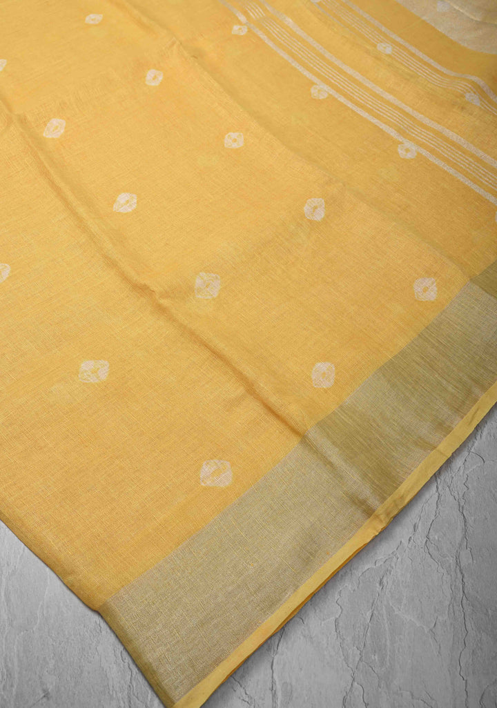 Authentic Bandini on Pure Linen by Linen Saree with Zari Border in Haldi Yellow