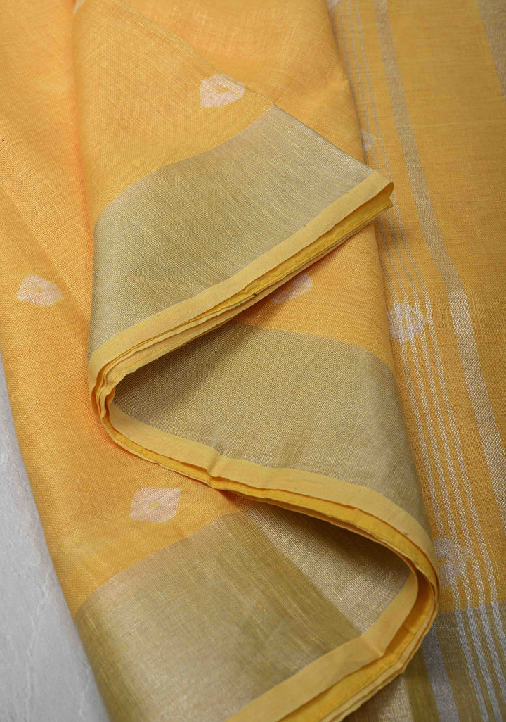 Authentic Bandini on Pure Linen by Linen Saree with Zari Border in Haldi Yellow