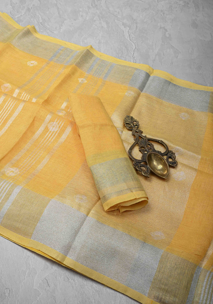 Authentic Bandini on Pure Linen by Linen Saree with Zari Border in Haldi Yellow