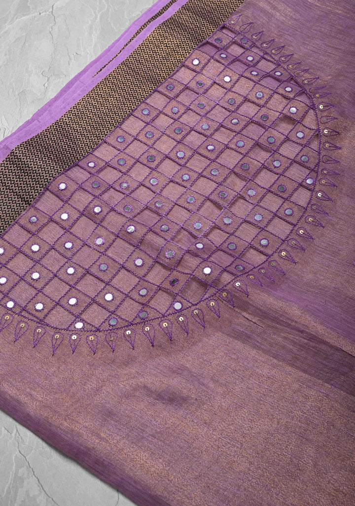 Lavender Cutwork and Mirror Work on Tissue Linen Saree with Zari Border