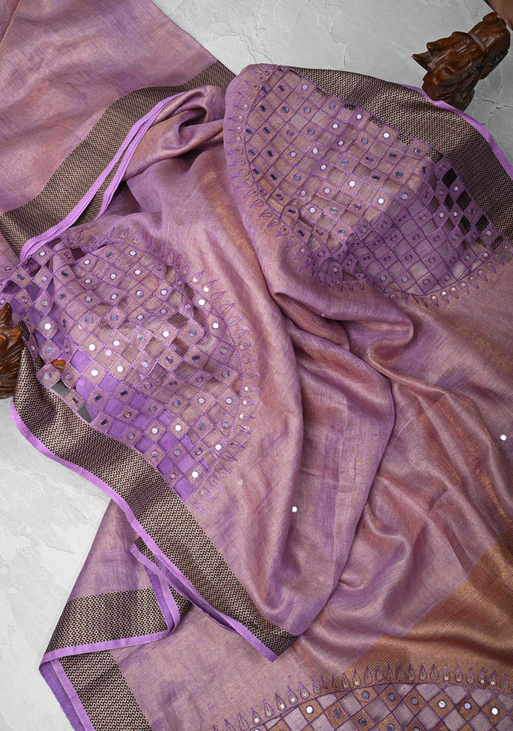 Lavender Cutwork and Mirror Work on Tissue Linen Saree with Zari Border