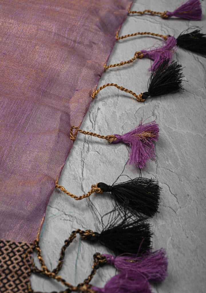 Lavender Cutwork and Mirror Work on Tissue Linen Saree with Zari Border