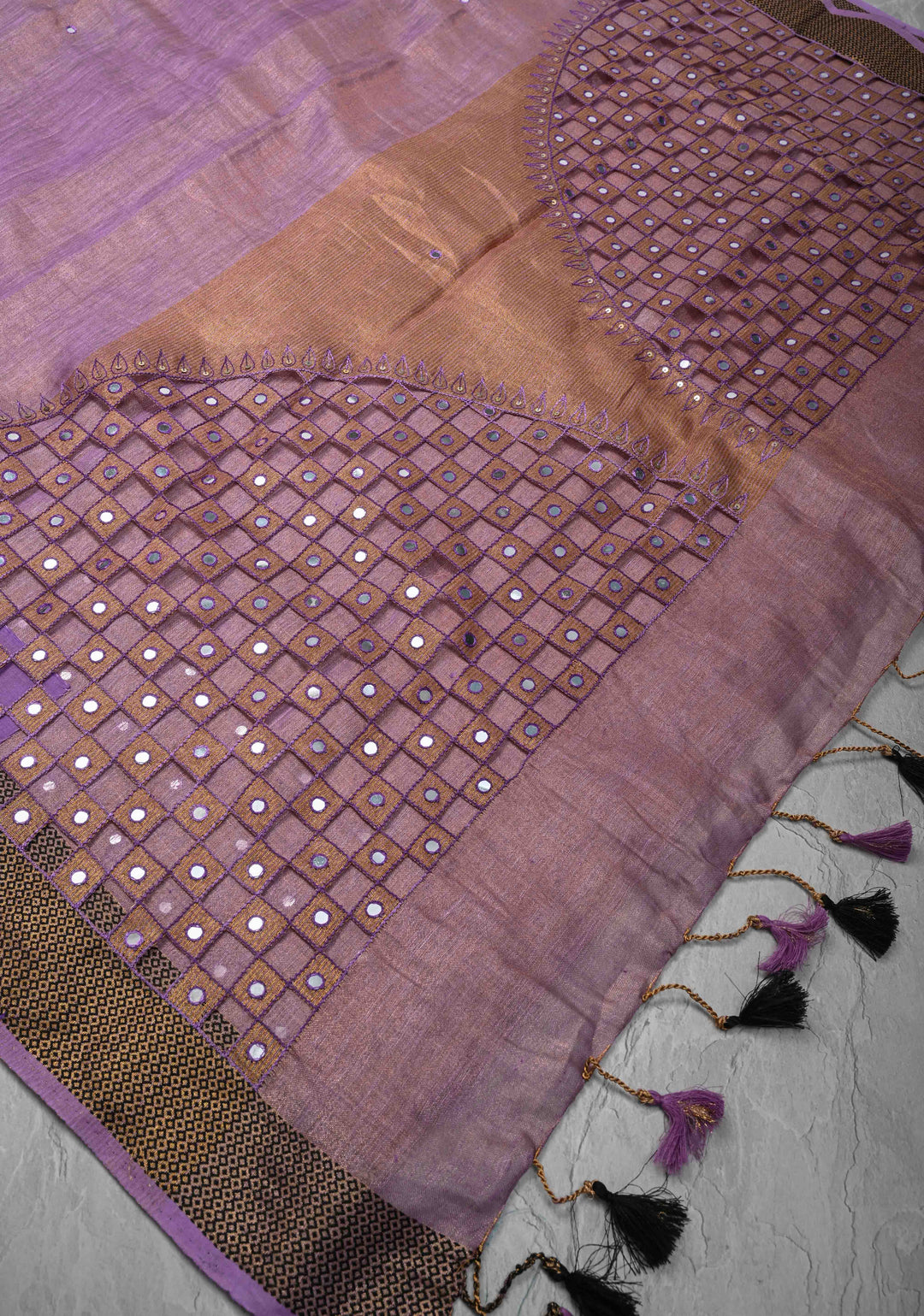 Lavender Cutwork and Mirror Work on Tissue Linen Saree with Zari Border