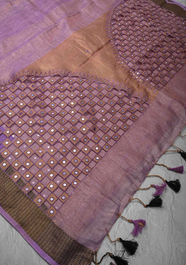 Lavender Cutwork and Mirror Work on Tissue Linen Saree with Zari Border