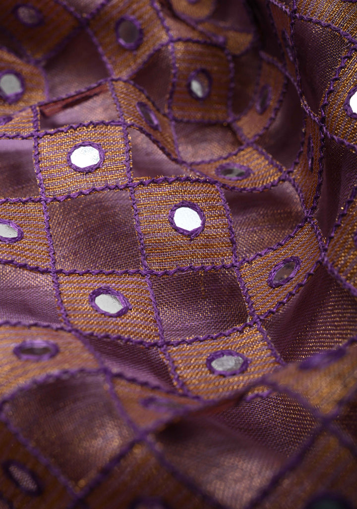 Lavender Cutwork and Mirror Work on Tissue Linen Saree with Zari Border