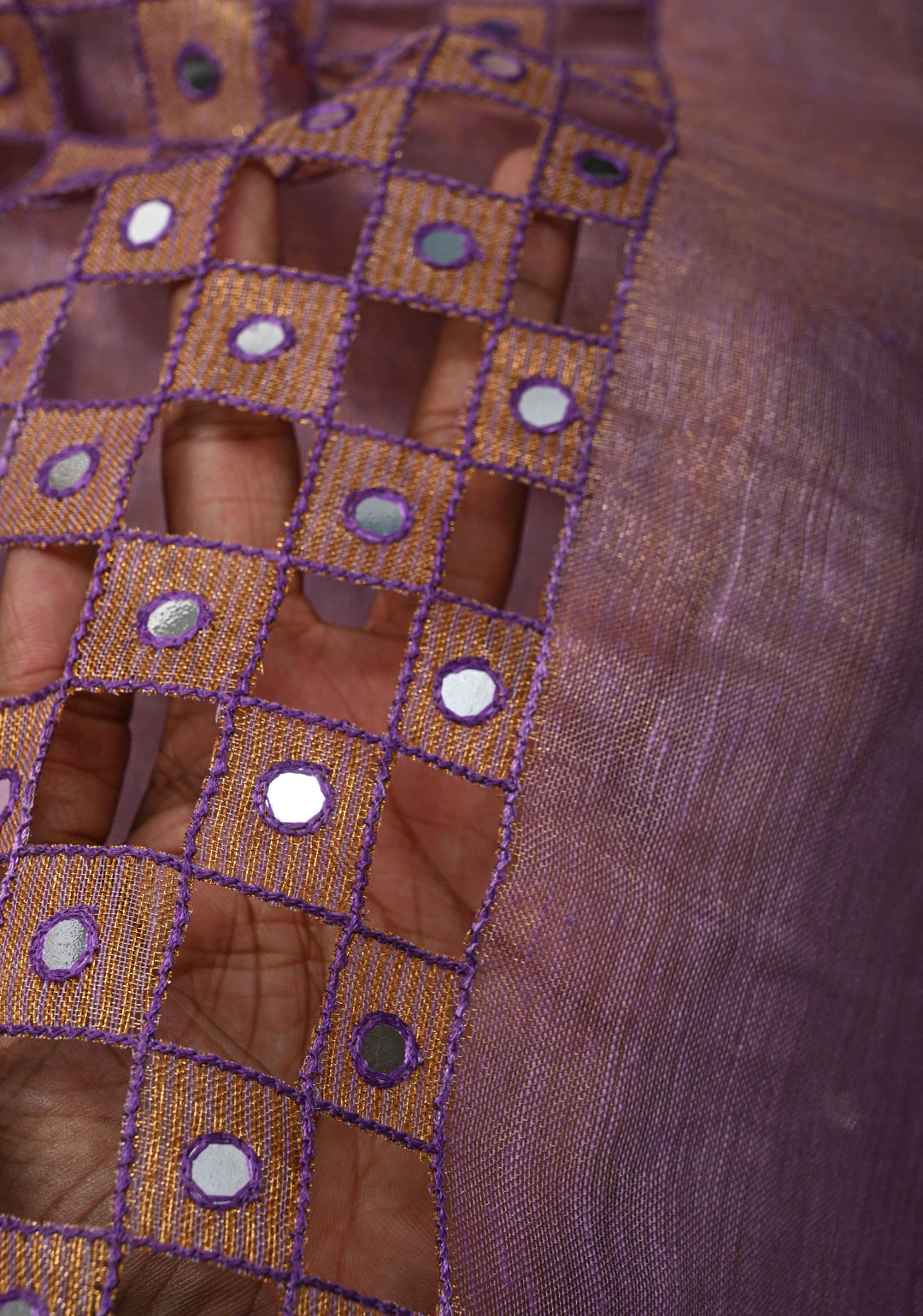 Lavender Cutwork and Mirror Work on Tissue Linen Saree with Zari Border