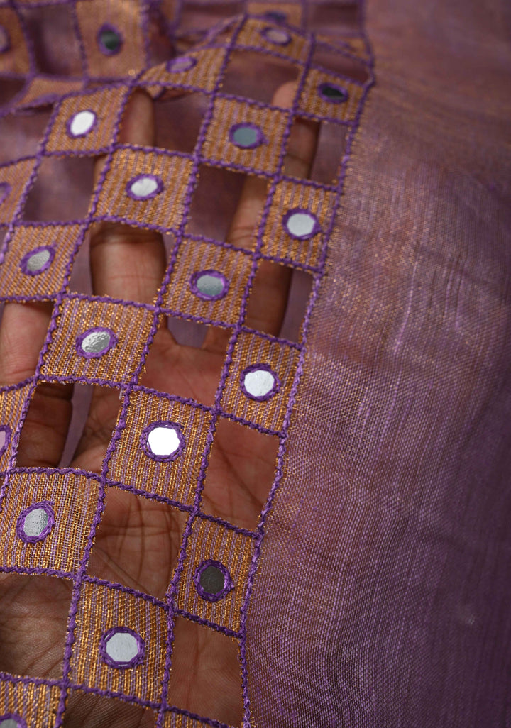 Lavender Cutwork and Mirror Work on Tissue Linen Saree with Zari Border
