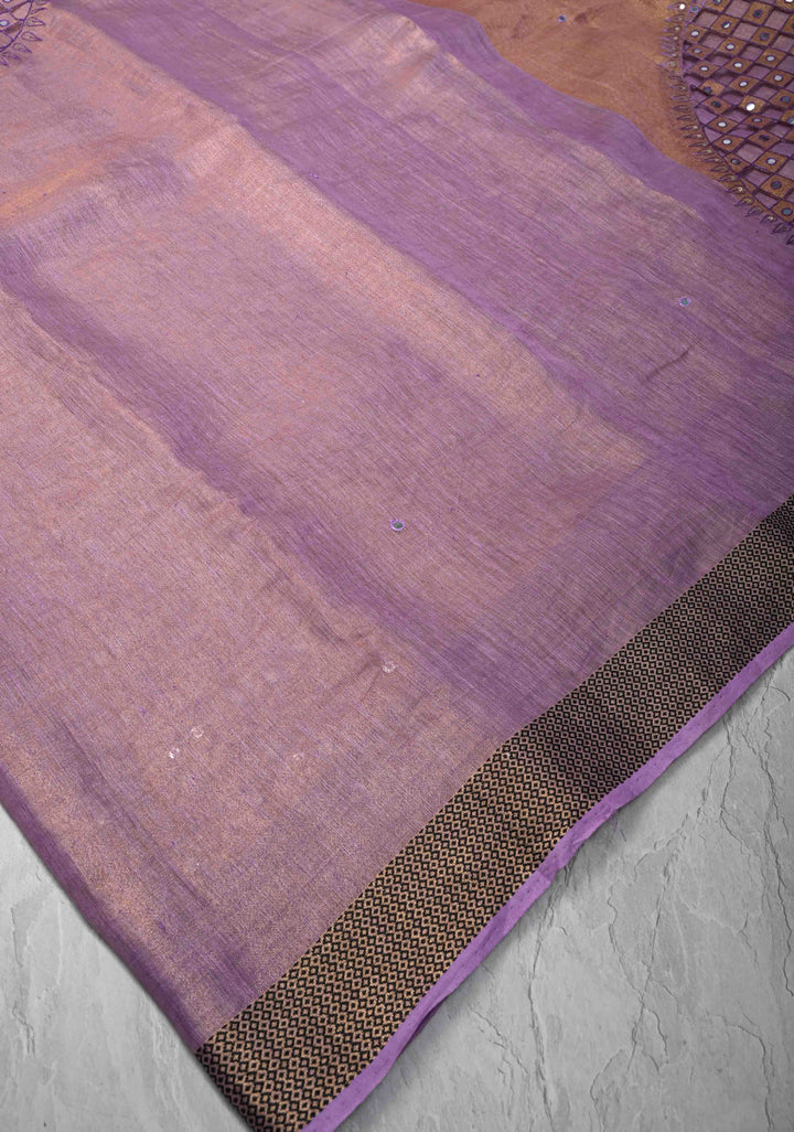 Lavender Cutwork and Mirror Work on Tissue Linen Saree with Zari Border