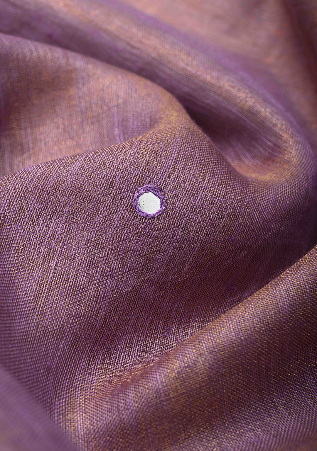 Lavender Cutwork and Mirror Work on Tissue Linen Saree with Zari Border