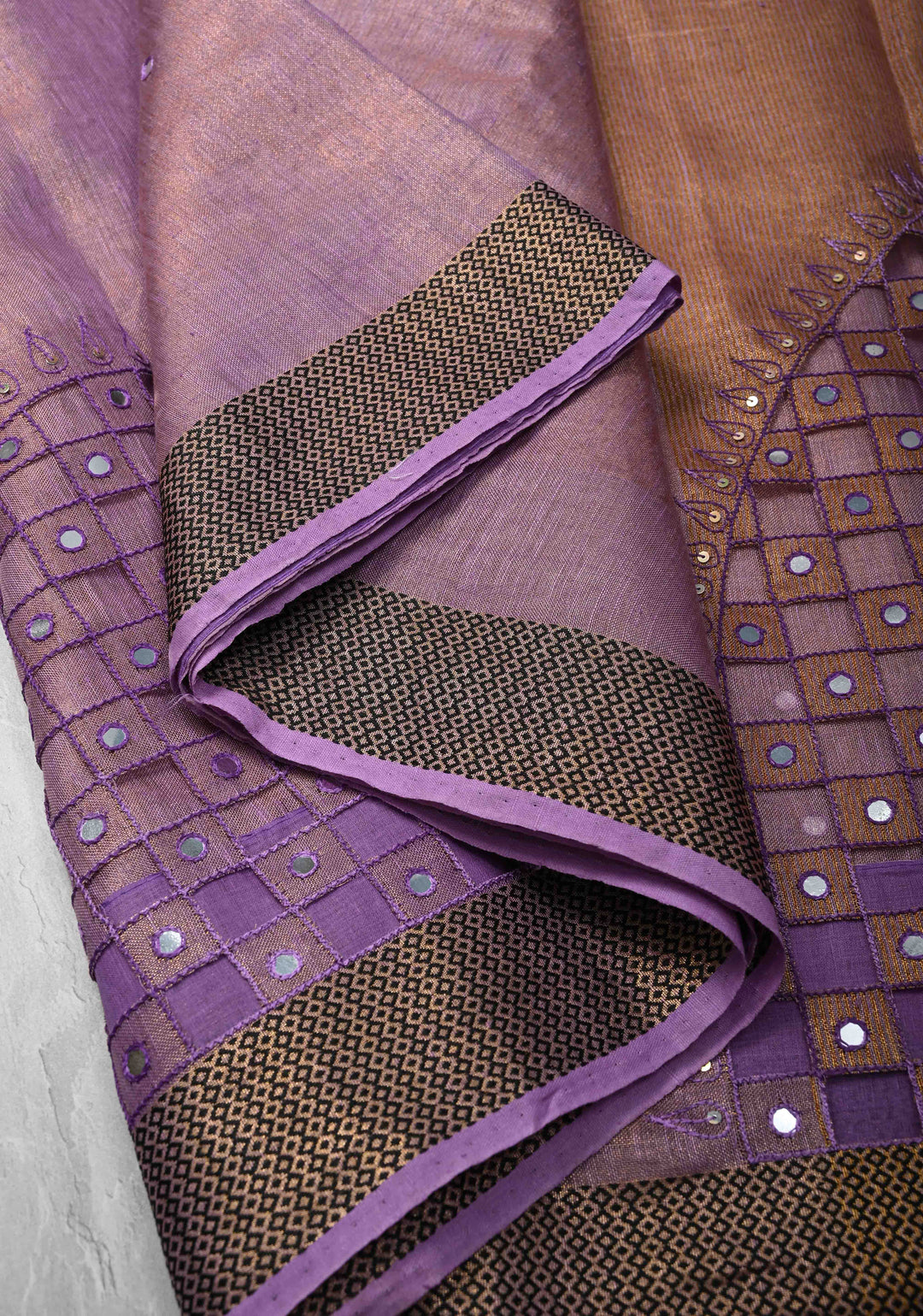 Lavender Cutwork and Mirror Work on Tissue Linen Saree with Zari Border