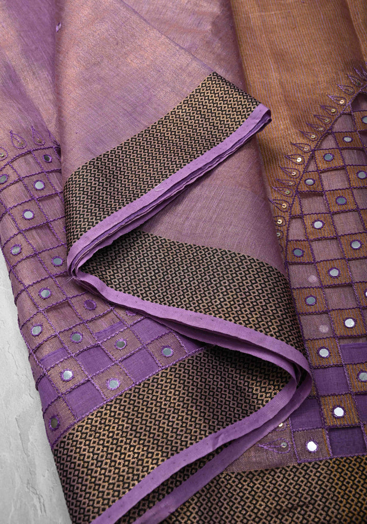 Lavender Cutwork and Mirror Work on Tissue Linen Saree with Zari Border