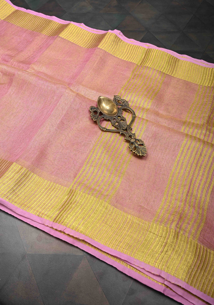 Light Pink Tissue Linen Saree With Zari Border