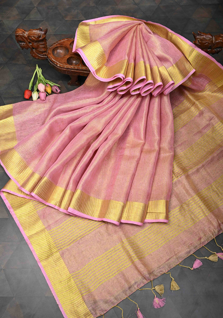 Light Pink Tissue Linen Saree With Zari Border