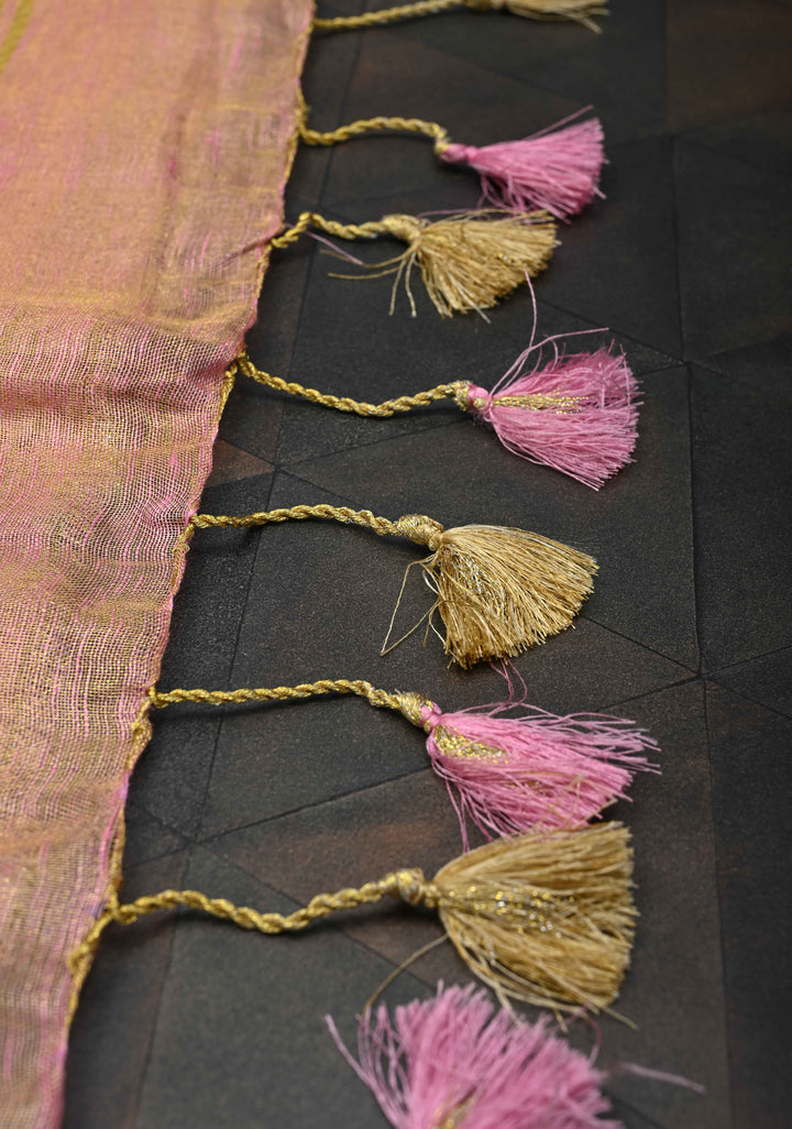 Light Pink Tissue Linen Saree With Zari Border