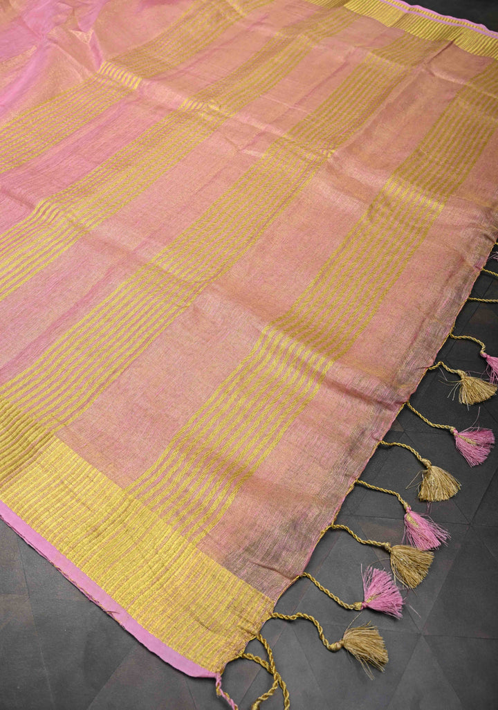 Light Pink Tissue Linen Saree With Zari Border