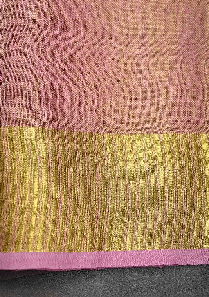 Light Pink Tissue Linen Saree With Zari Border