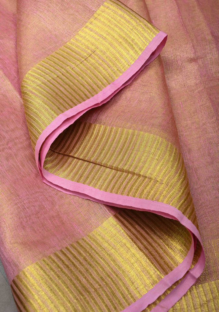 Light Pink Tissue Linen Saree With Zari Border