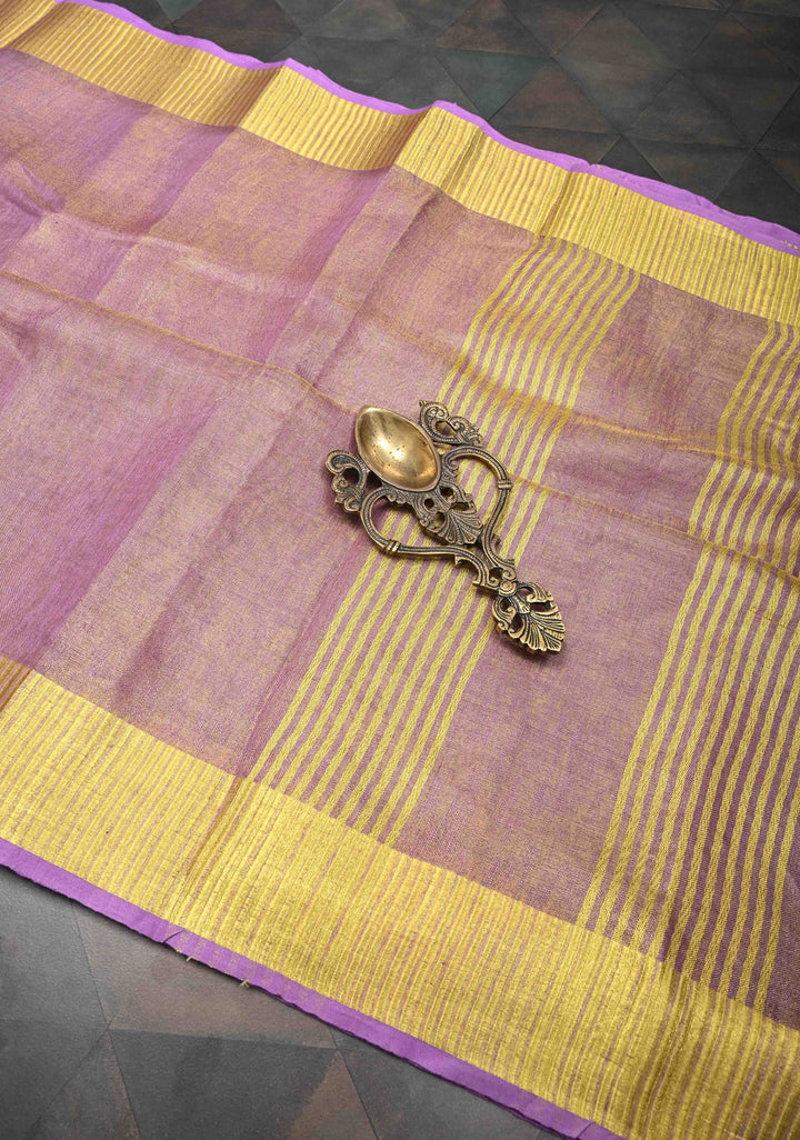 Lavender Tissue Linen Saree with Contrast Zari Border
