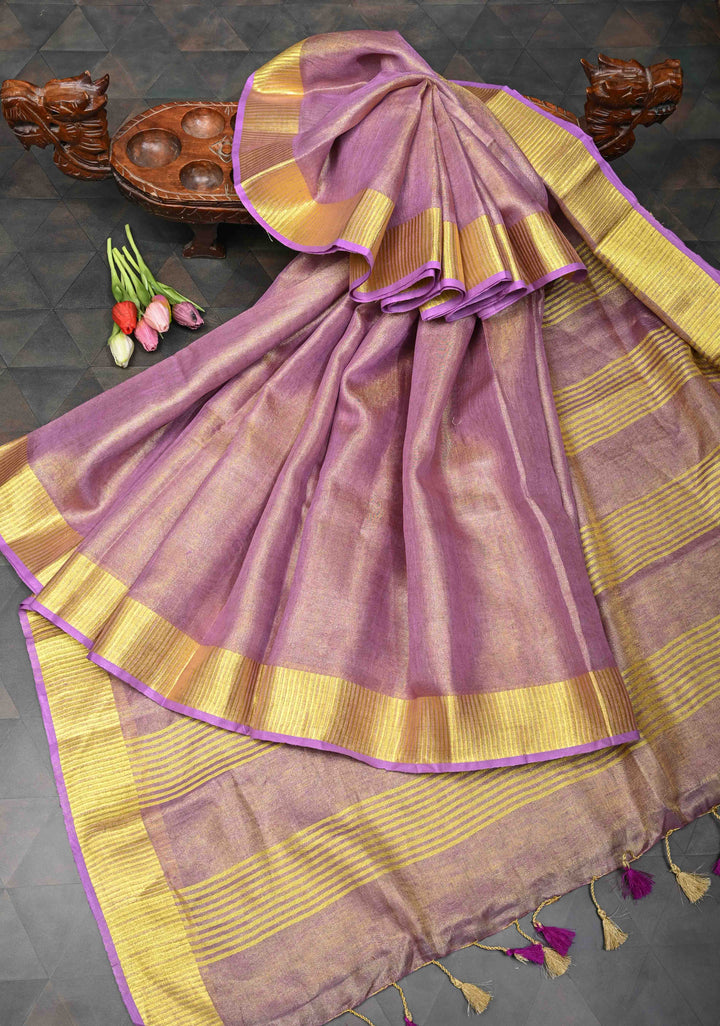 Lavender Tissue Linen Saree with Contrast Zari Border