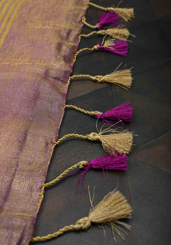 Lavender Tissue Linen Saree with Contrast Zari Border