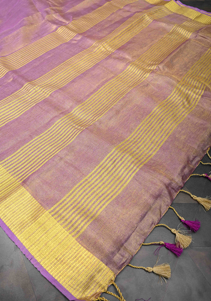 Lavender Tissue Linen Saree with Contrast Zari Border