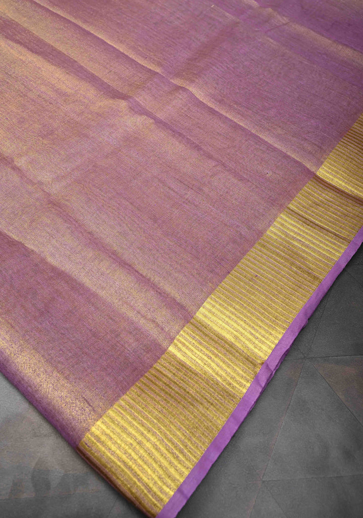 Lavender Tissue Linen Saree with Contrast Zari Border