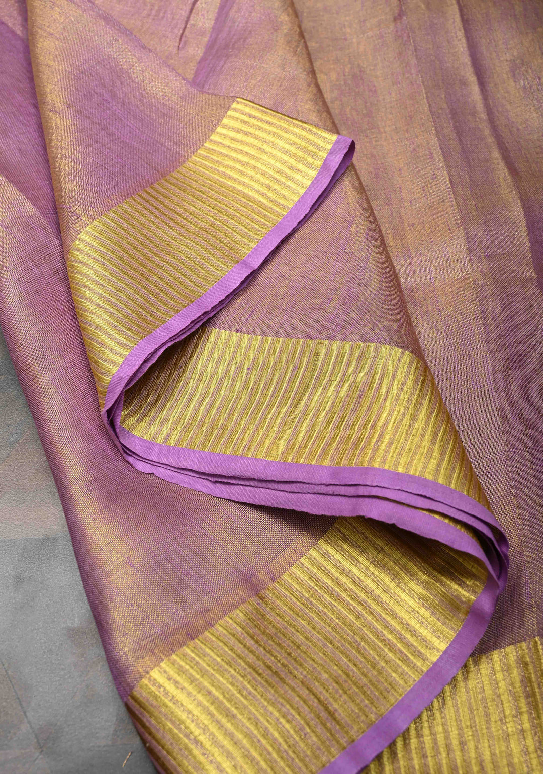Lavender Tissue Linen Saree with Contrast Zari Border
