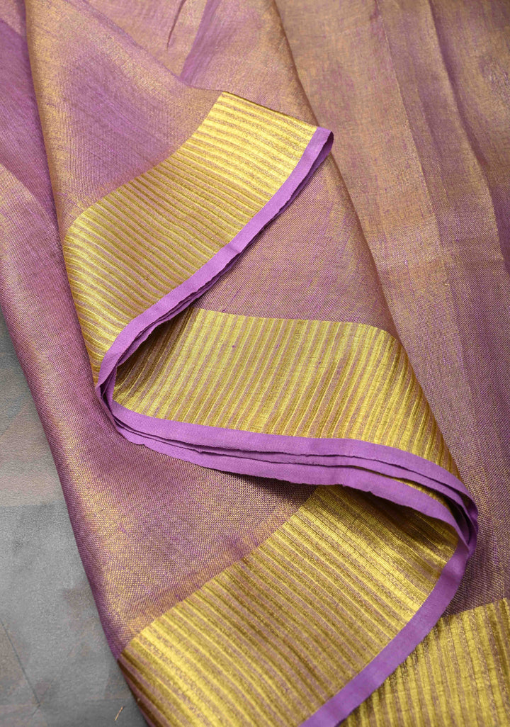 Lavender Tissue Linen Saree with Contrast Zari Border