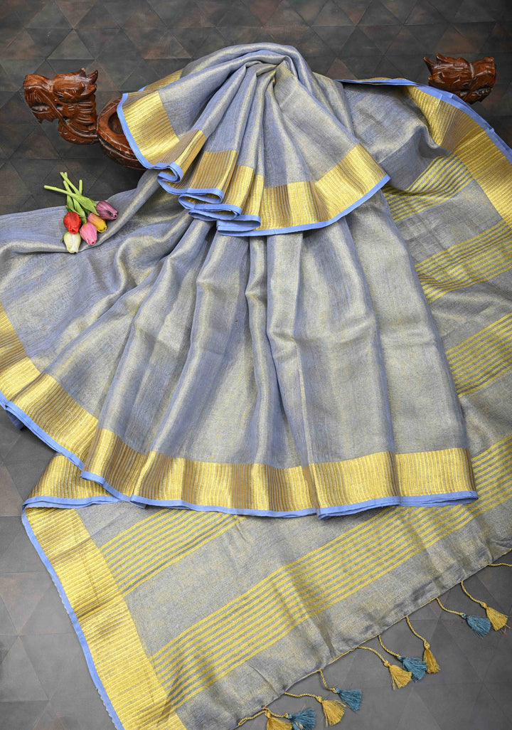 Heather Blue Gold Tissue Linen Saree with Zari Border