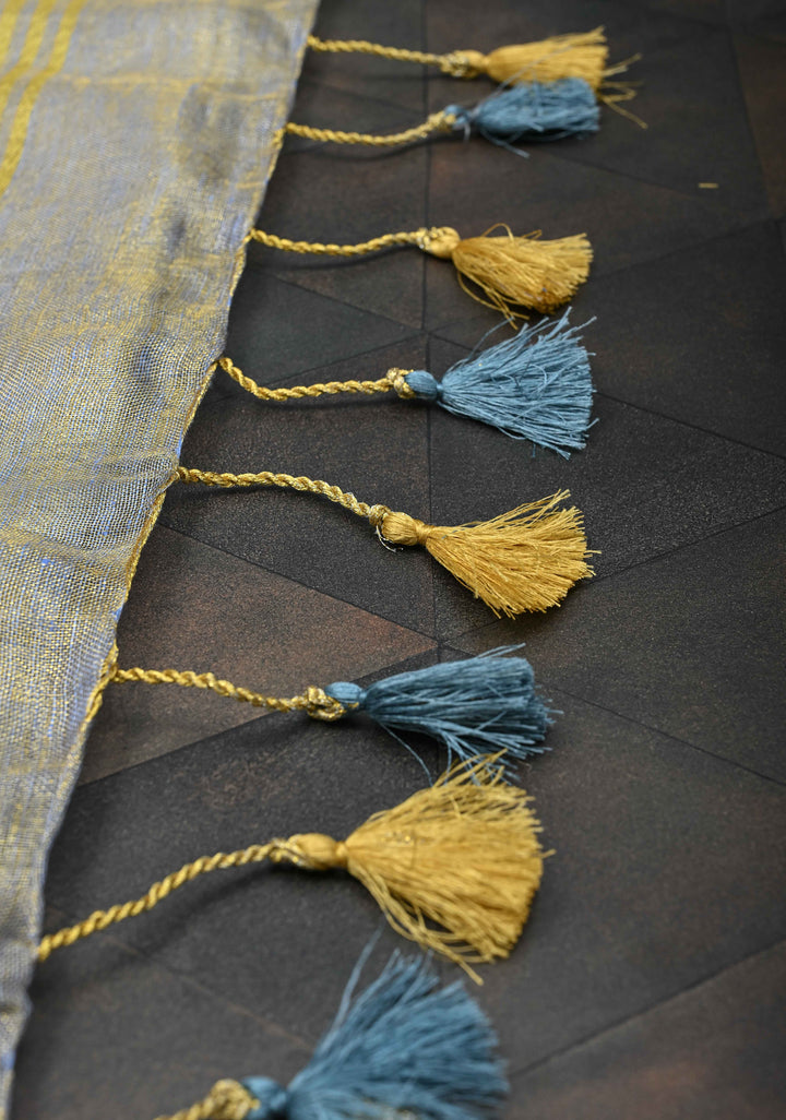 Heather Blue Gold Tissue Linen Saree with Zari Border