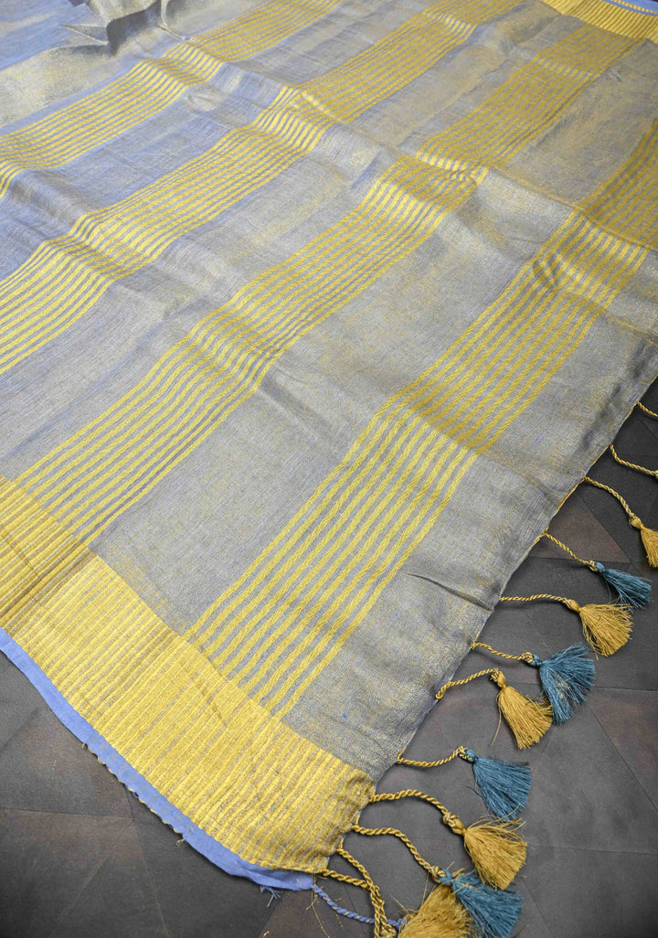 Heather Blue Gold Tissue Linen Saree with Zari Border