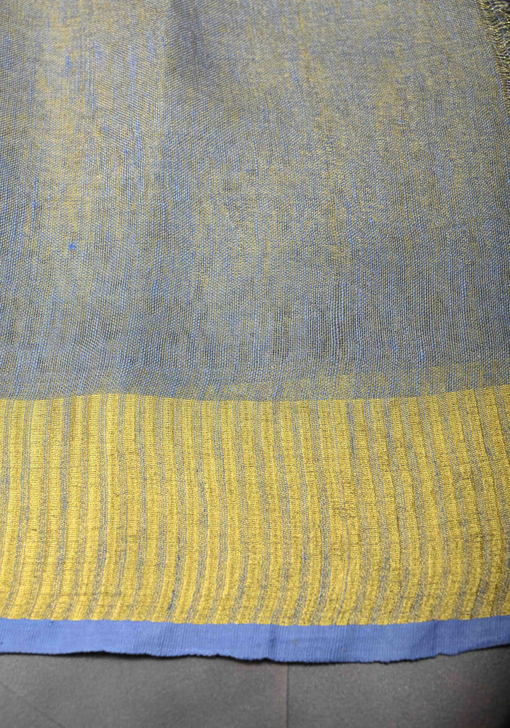 Heather Blue Gold Tissue Linen Saree with Zari Border