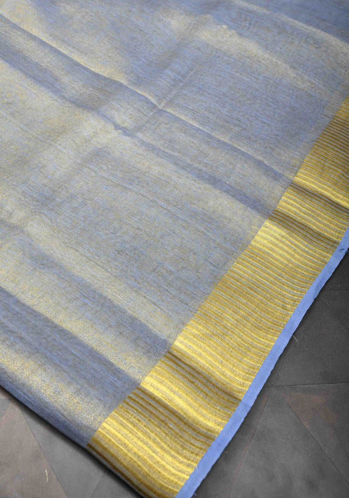 Heather Blue Gold Tissue Linen Saree with Zari Border