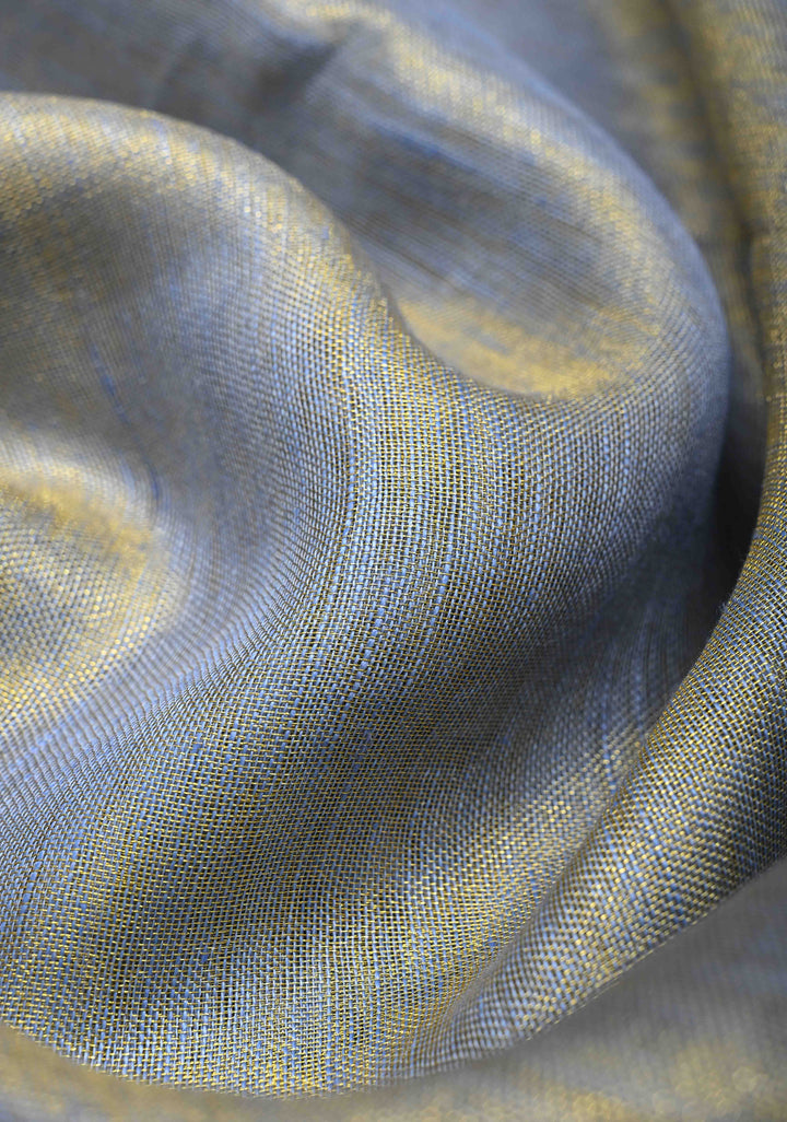 Heather Blue Gold Tissue Linen Saree with Zari Border