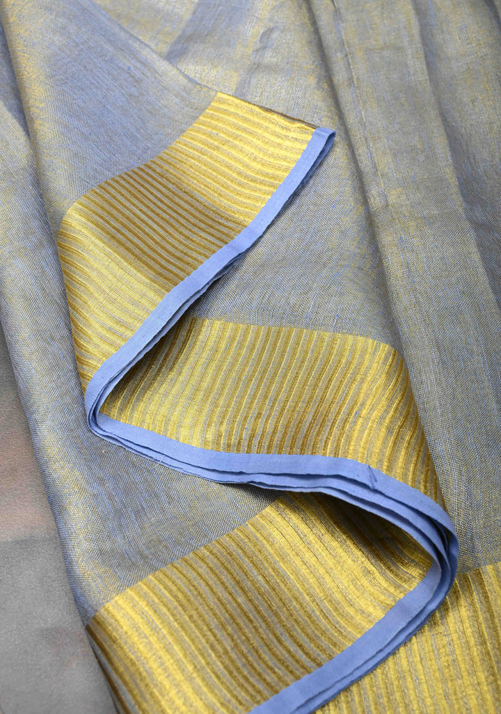 Heather Blue Gold Tissue Linen Saree with Zari Border