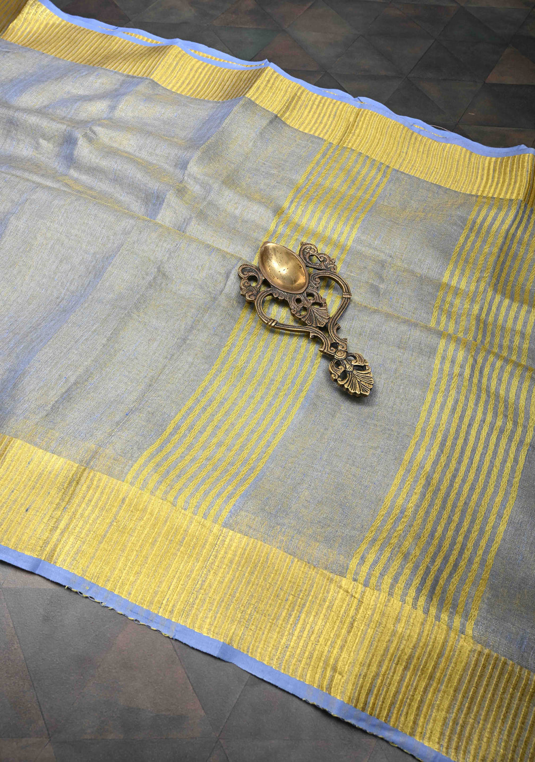 Heather Blue Gold Tissue Linen Saree with Zari Border