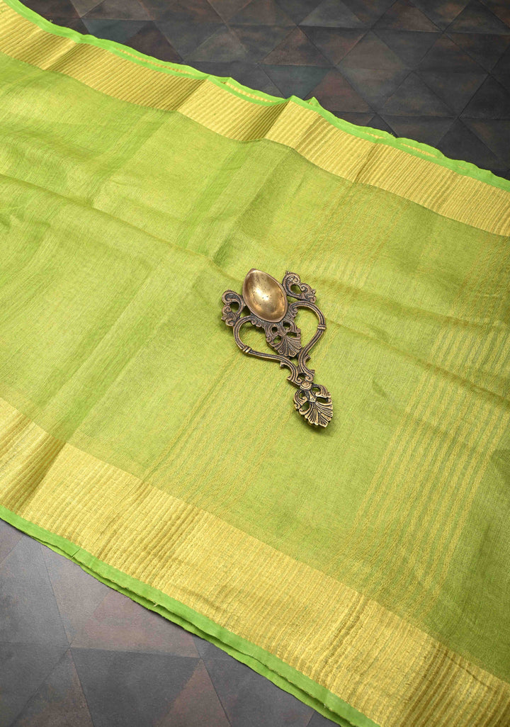 Lime Green Tissue Linen Saree with Contrast Zari Border