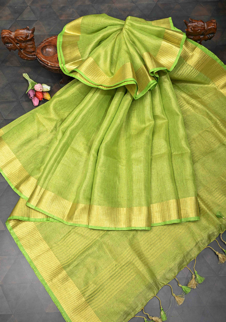 Lime Green Tissue Linen Saree with Contrast Zari Border