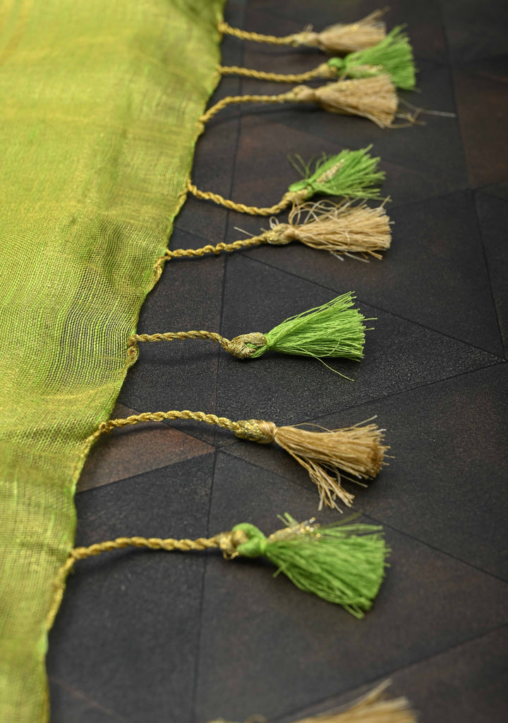 Lime Green Tissue Linen Saree with Contrast Zari Border