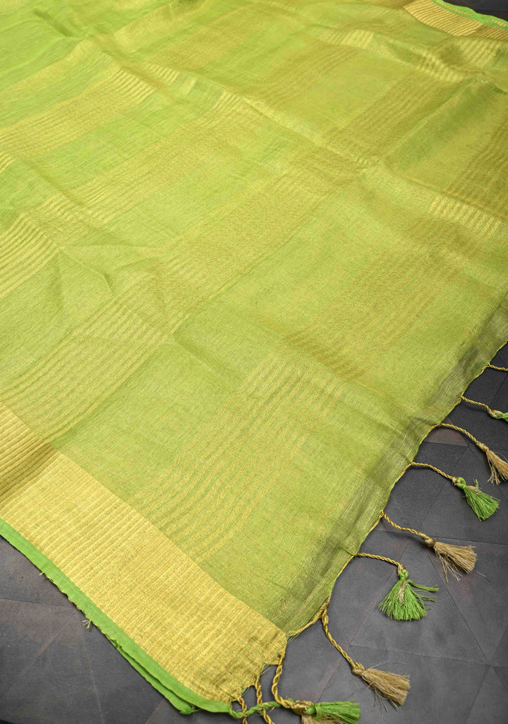 Lime Green Tissue Linen Saree with Contrast Zari Border