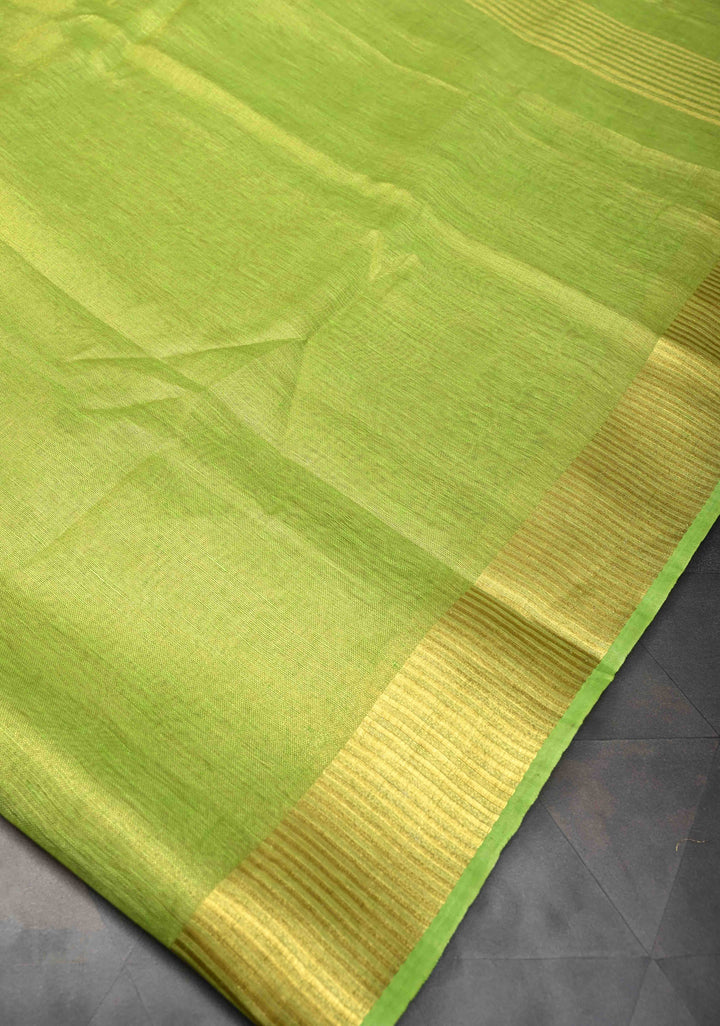 Lime Green Tissue Linen Saree with Contrast Zari Border
