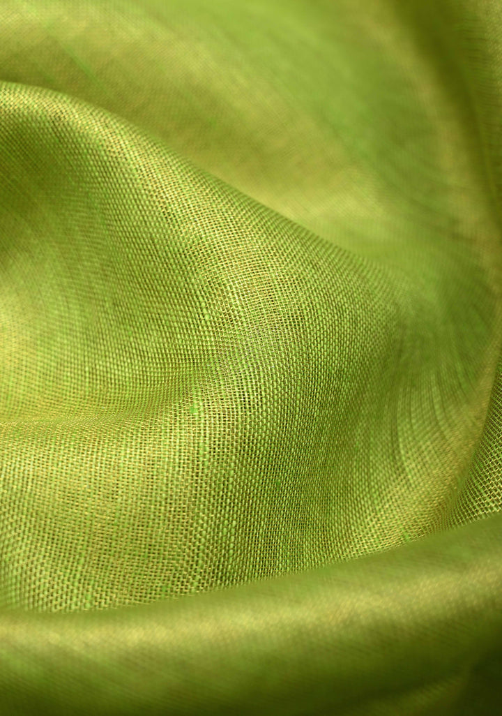 Lime Green Tissue Linen Saree with Contrast Zari Border