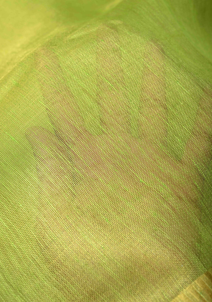 Lime Green Tissue Linen Saree with Contrast Zari Border